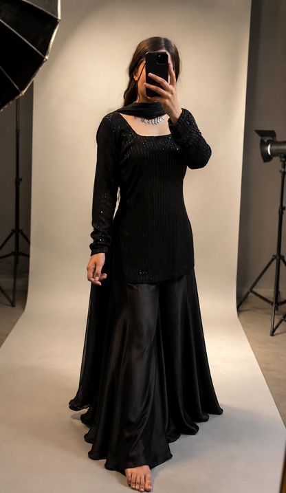 Black Sequin Shirt with Silk Sharara Set