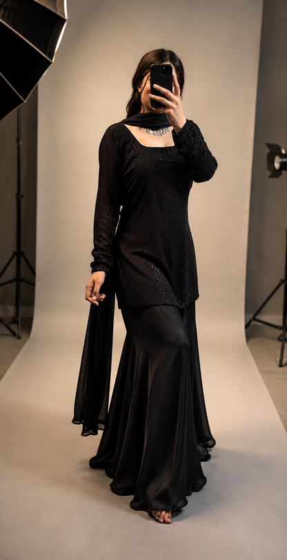 Black Sequin Shirt with Silk Sharara Set