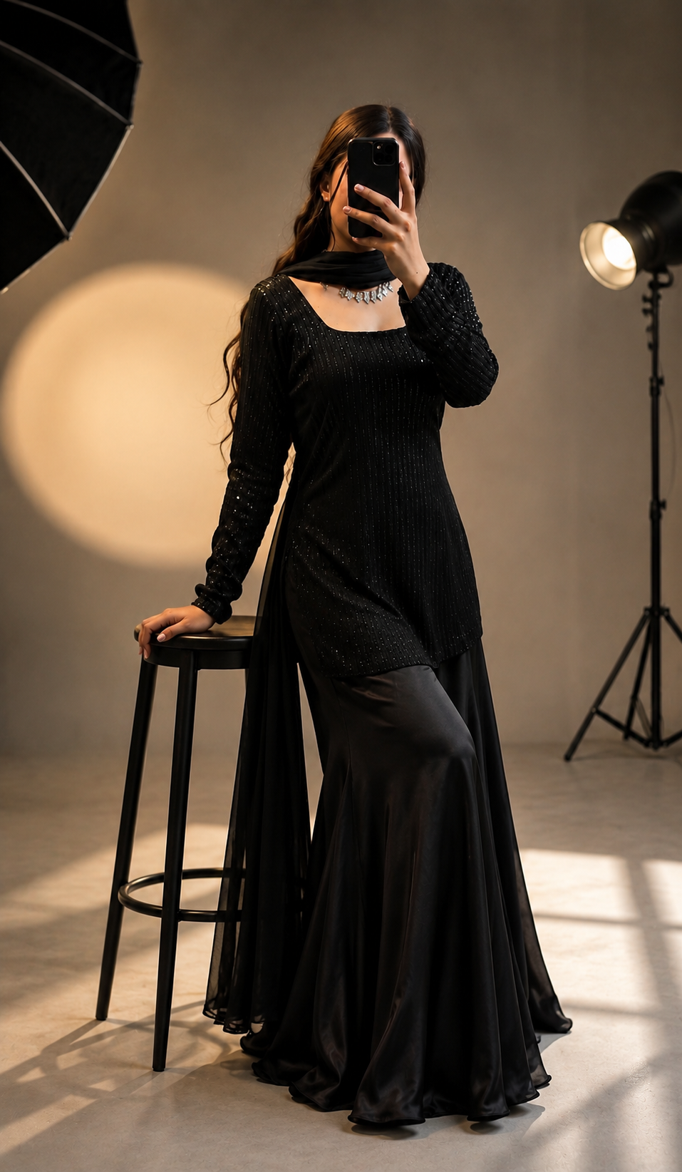 Black Sequin Shirt with Silk Sharara Set