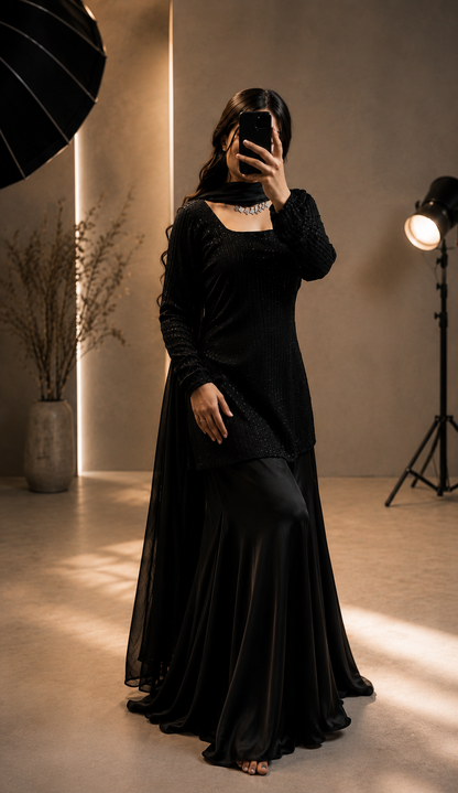 Black Sequin Shirt with Silk Sharara Set