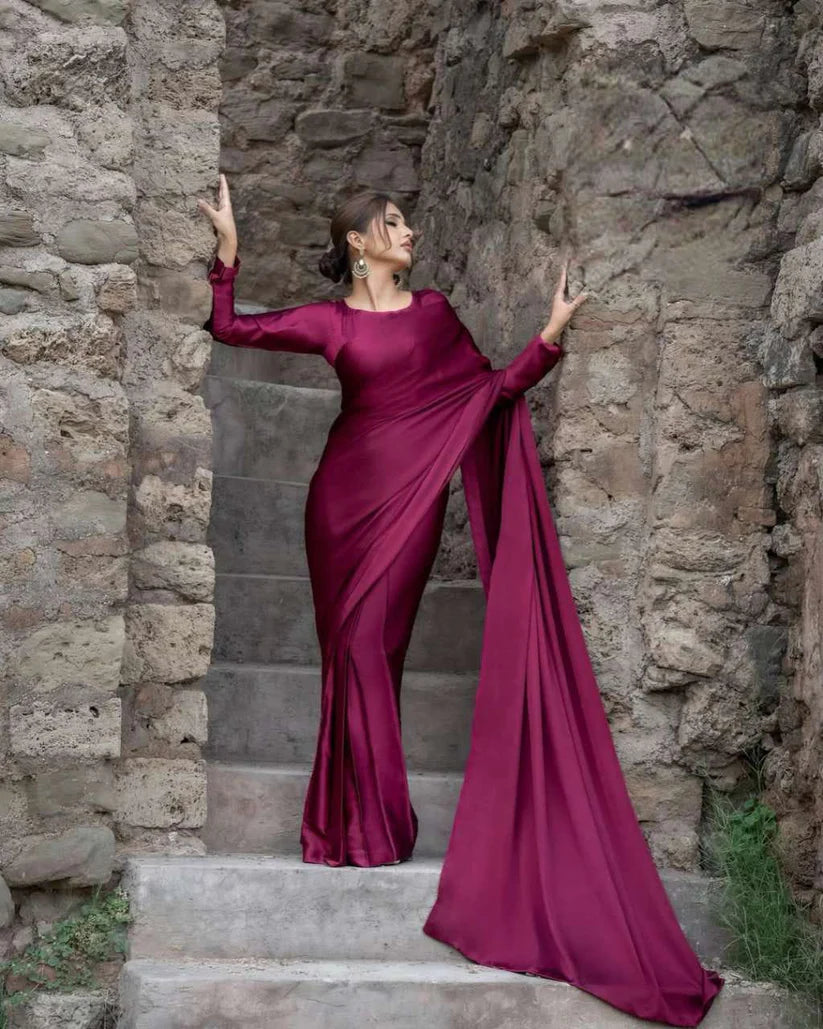 Nayab Stitched Plain Silk Saree