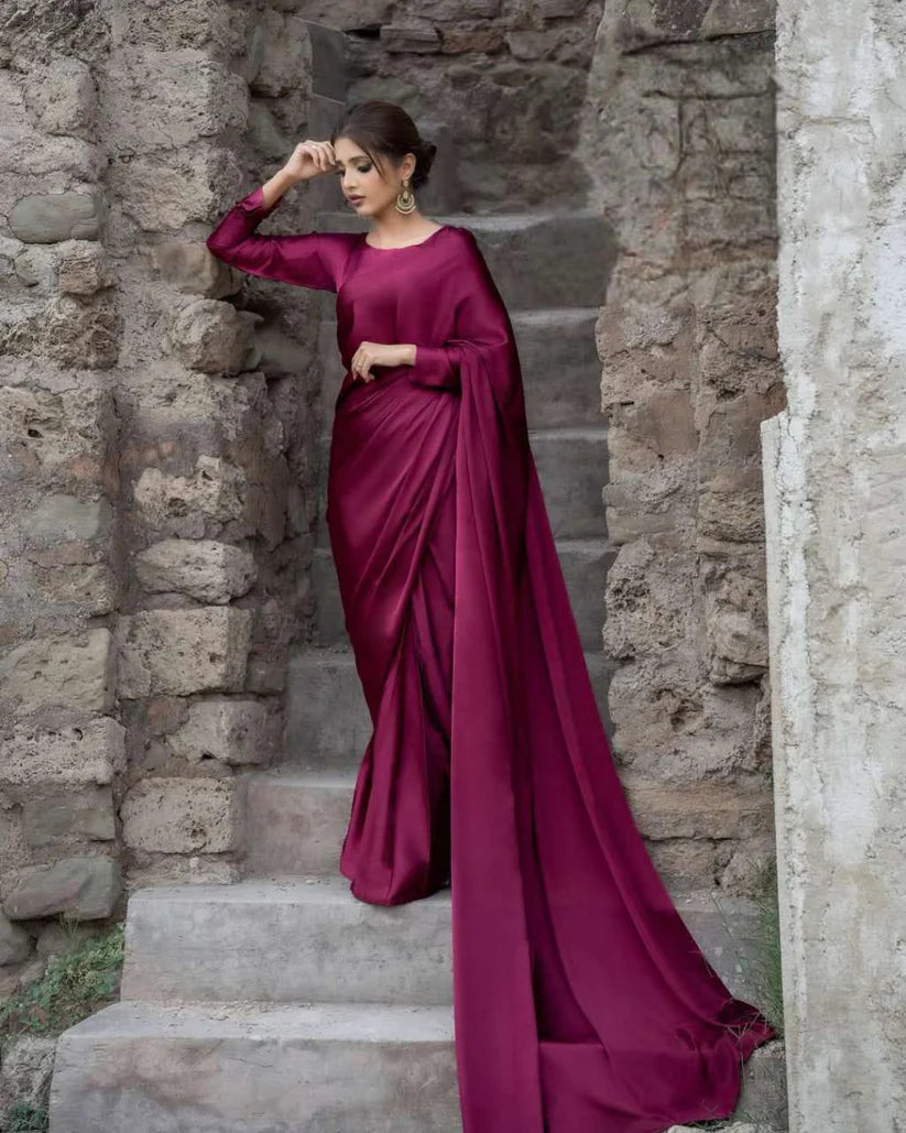 Nayab Stitched Plain Silk Saree