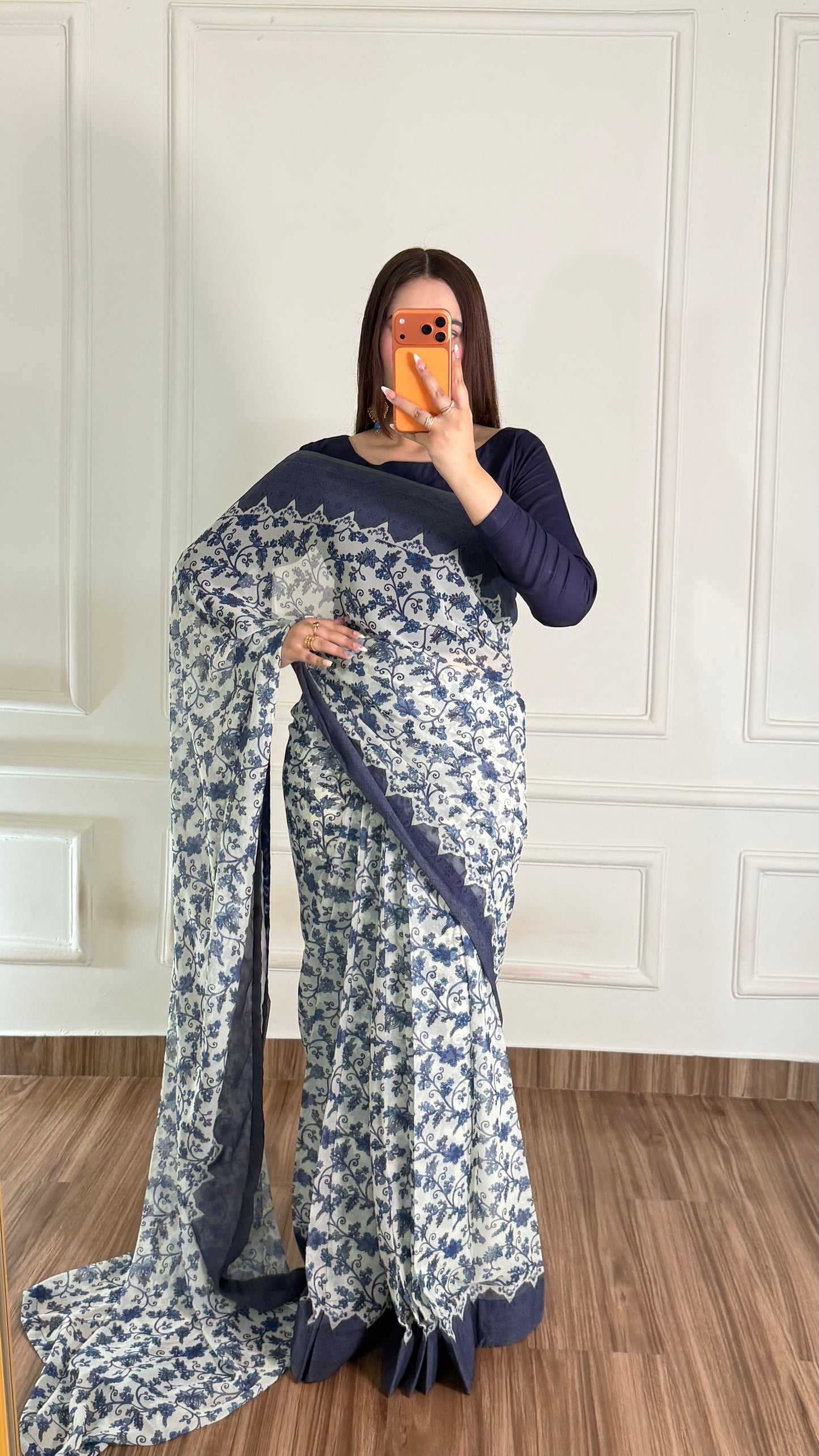 Noor Hania Blue Floral Printed Chiffon Saree