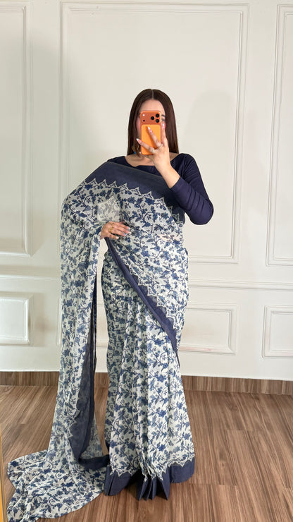 Noor Hania Blue Floral Printed Chiffon Saree