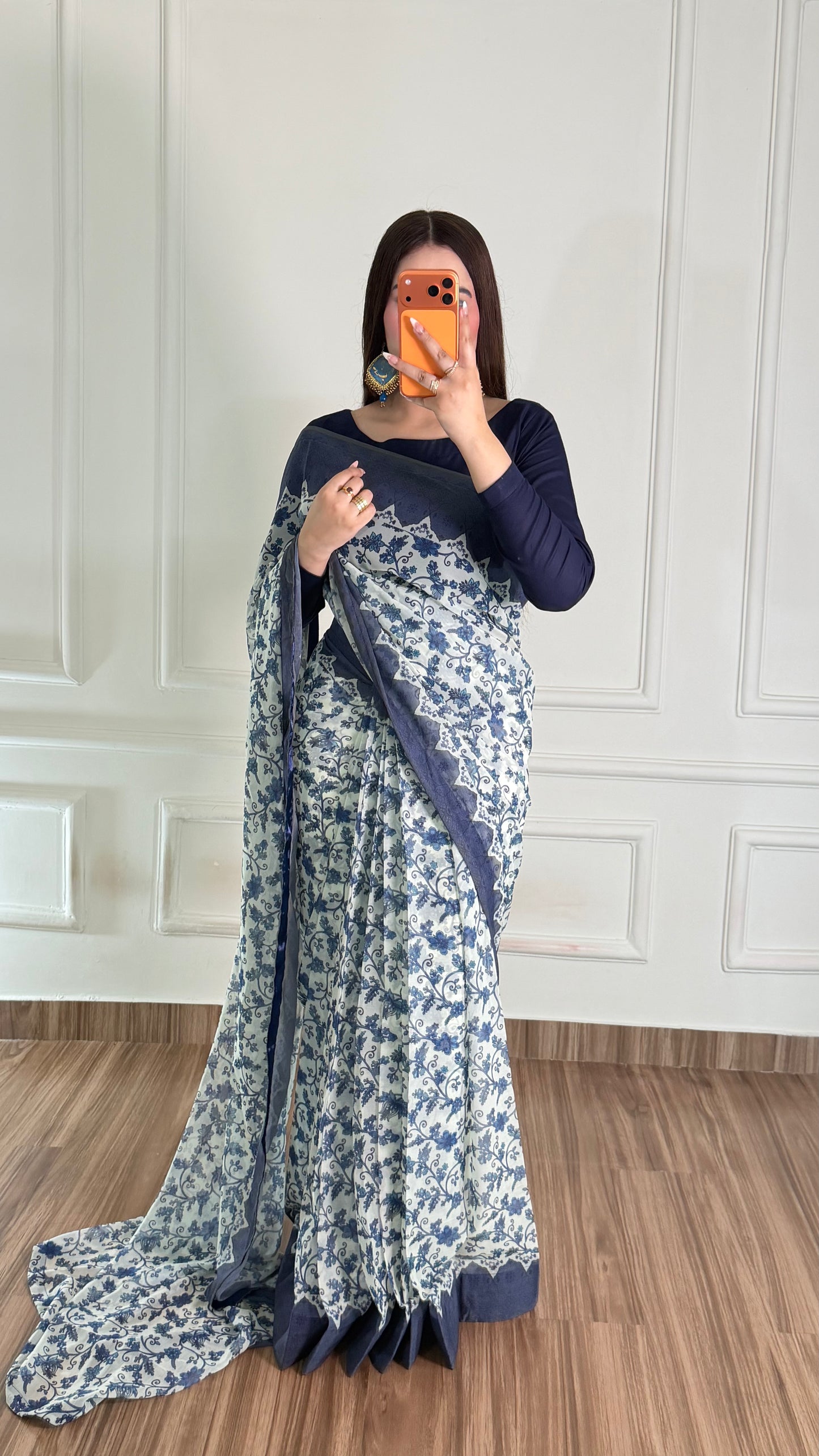 Noor Hania Blue Floral Printed Chiffon Saree