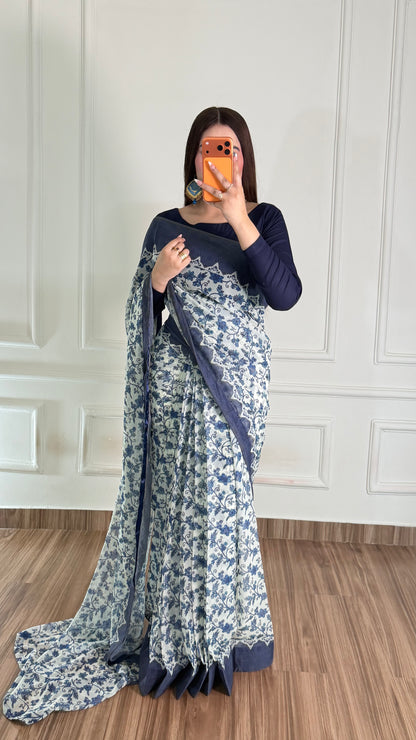 Noor Hania Blue Floral Printed Chiffon Saree