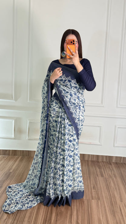 Noor Hania Blue Floral Printed Chiffon Saree