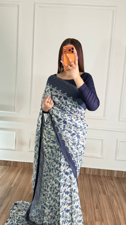 Noor Hania Blue Floral Printed Chiffon Saree