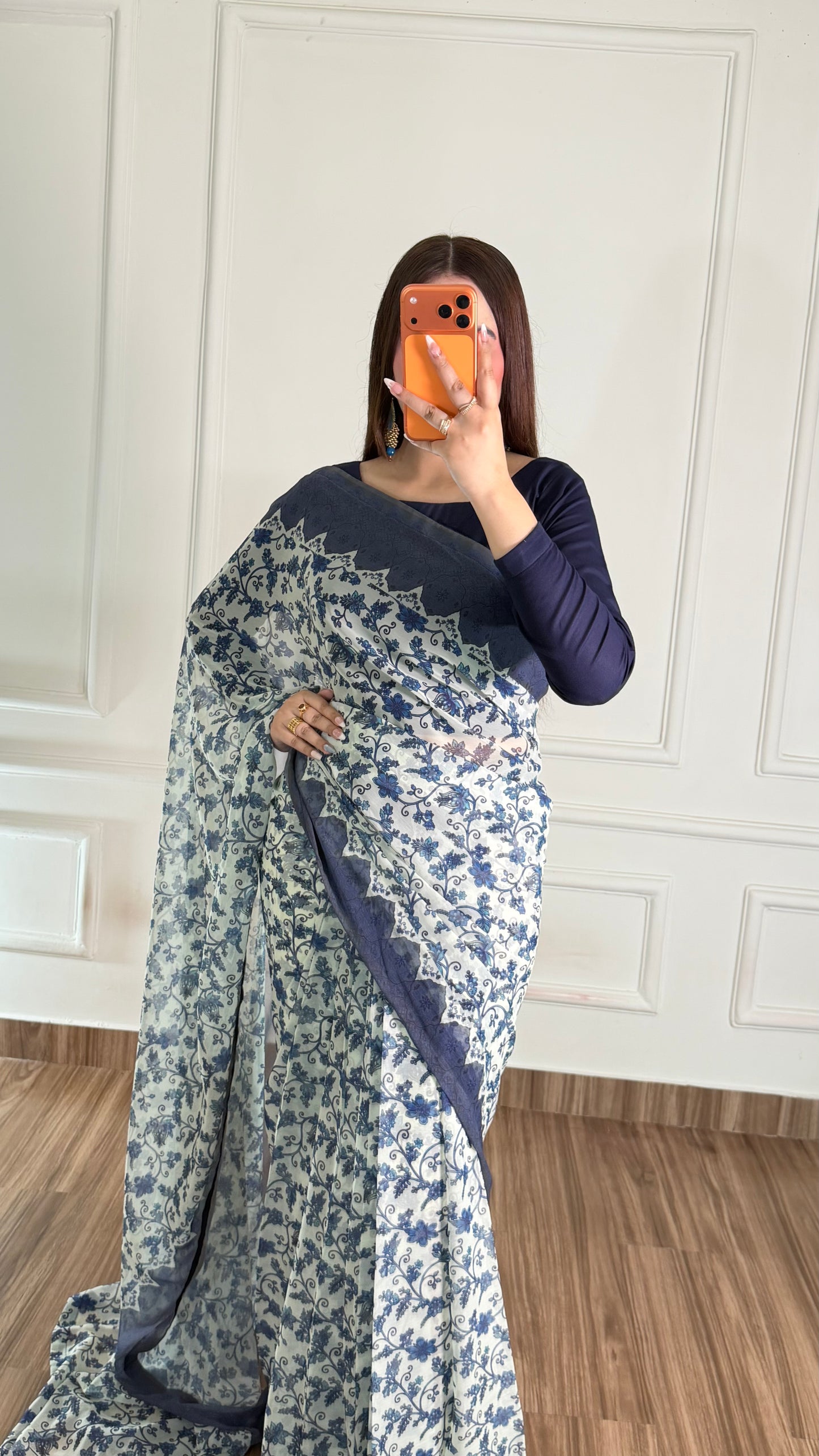 Noor Hania Blue Floral Printed Chiffon Saree