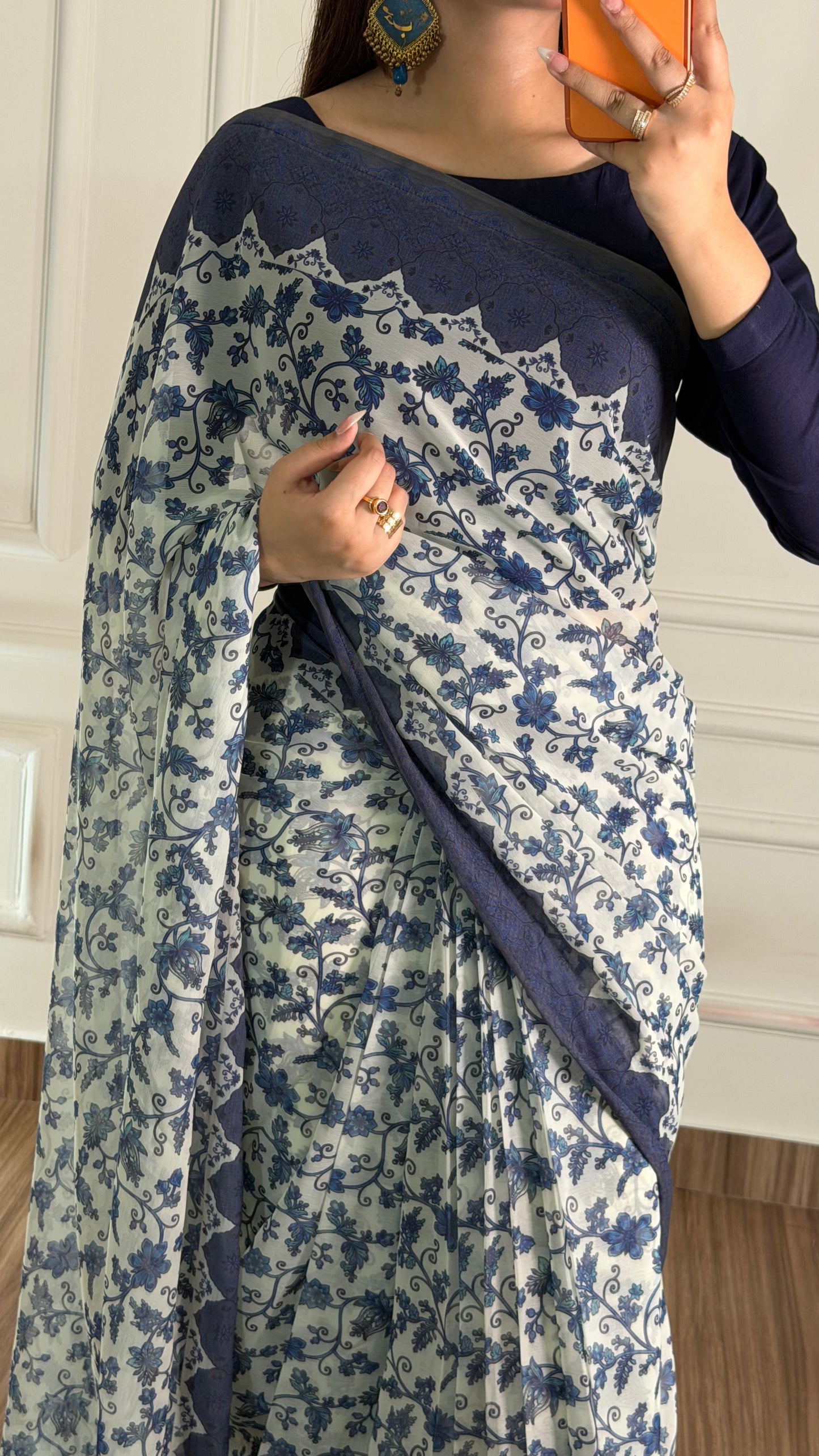 Noor Hania Blue Floral Printed Chiffon Saree