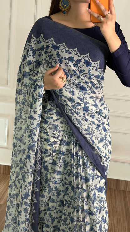 Noor Hania Blue Floral Printed Chiffon Saree
