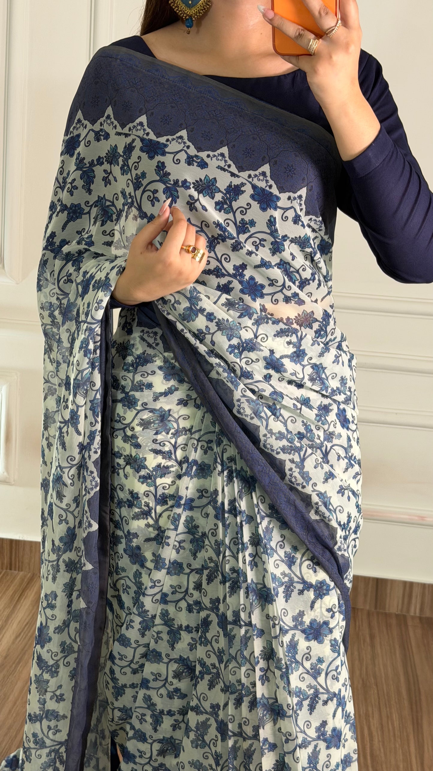 Noor Hania Blue Floral Printed Chiffon Saree