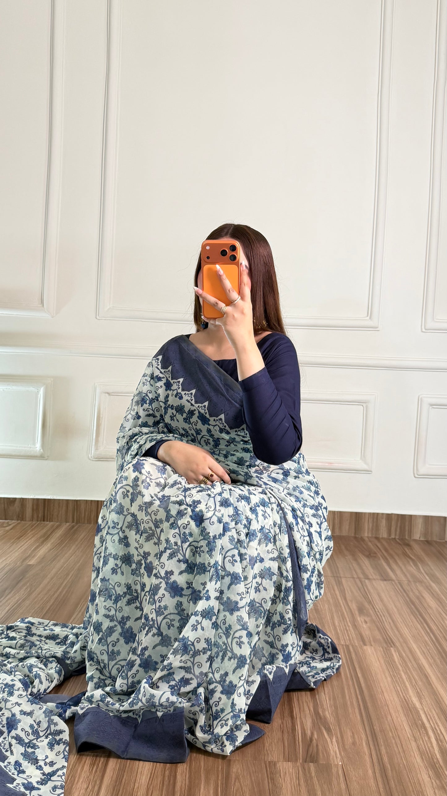 Noor Hania Blue Floral Printed Chiffon Saree