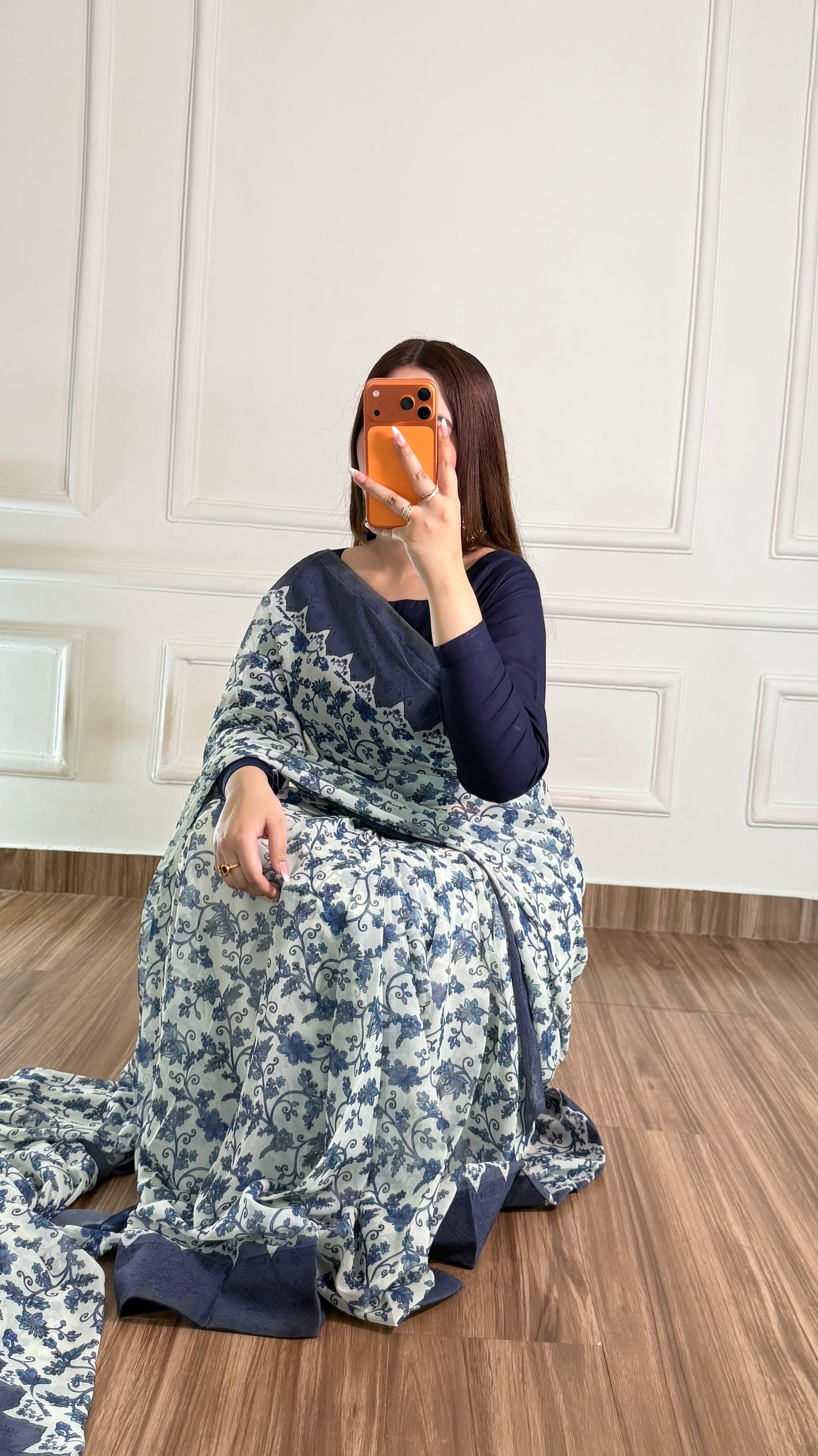 Noor Hania Blue Floral Printed Chiffon Saree