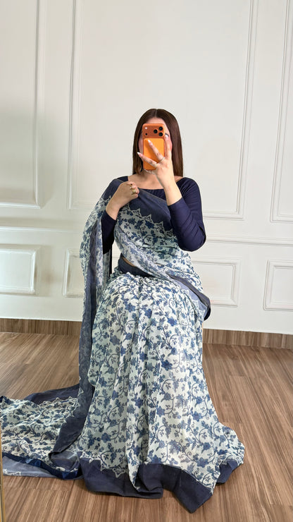 Noor Hania Blue Floral Printed Chiffon Saree