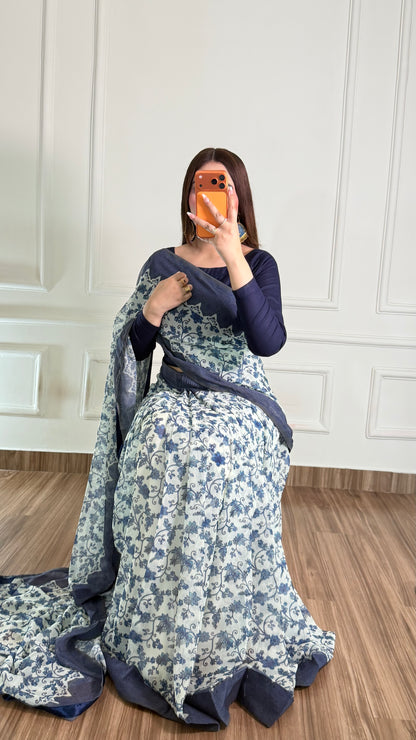 Noor Hania Blue Floral Printed Chiffon Saree