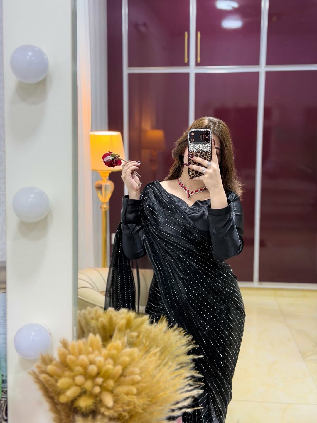 Midnight Black Sequin RhineStone Silk Saree