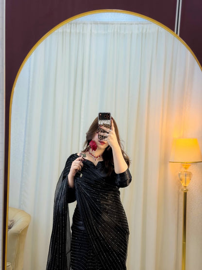 Midnight Black Sequin RhineStone Silk Saree