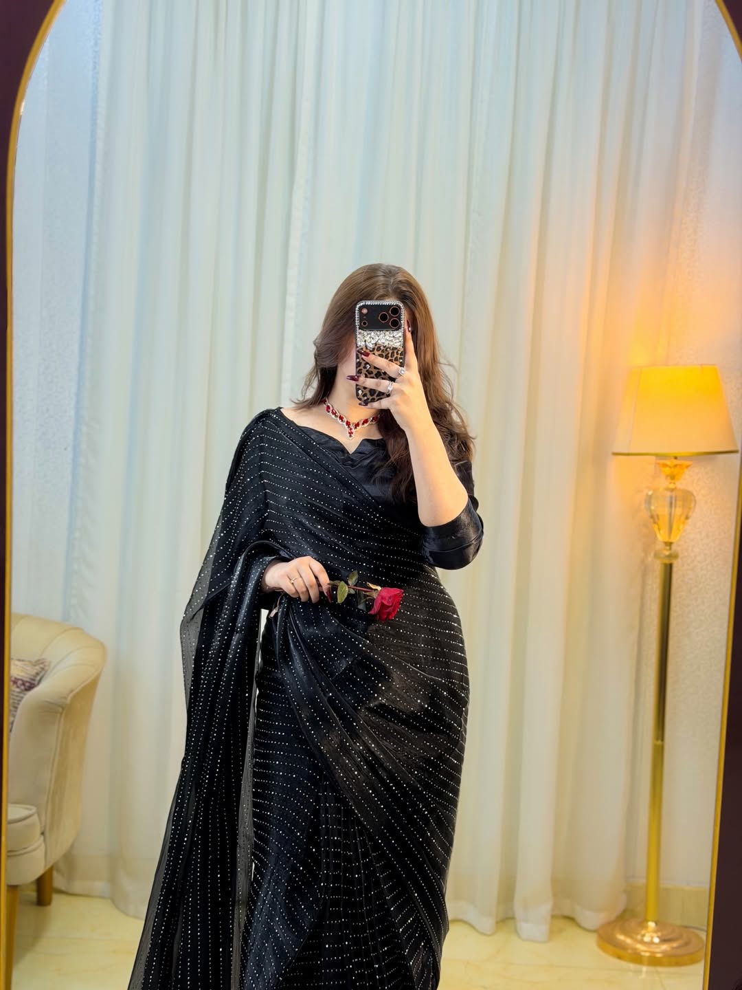 Midnight Black Sequin RhineStone Silk Saree