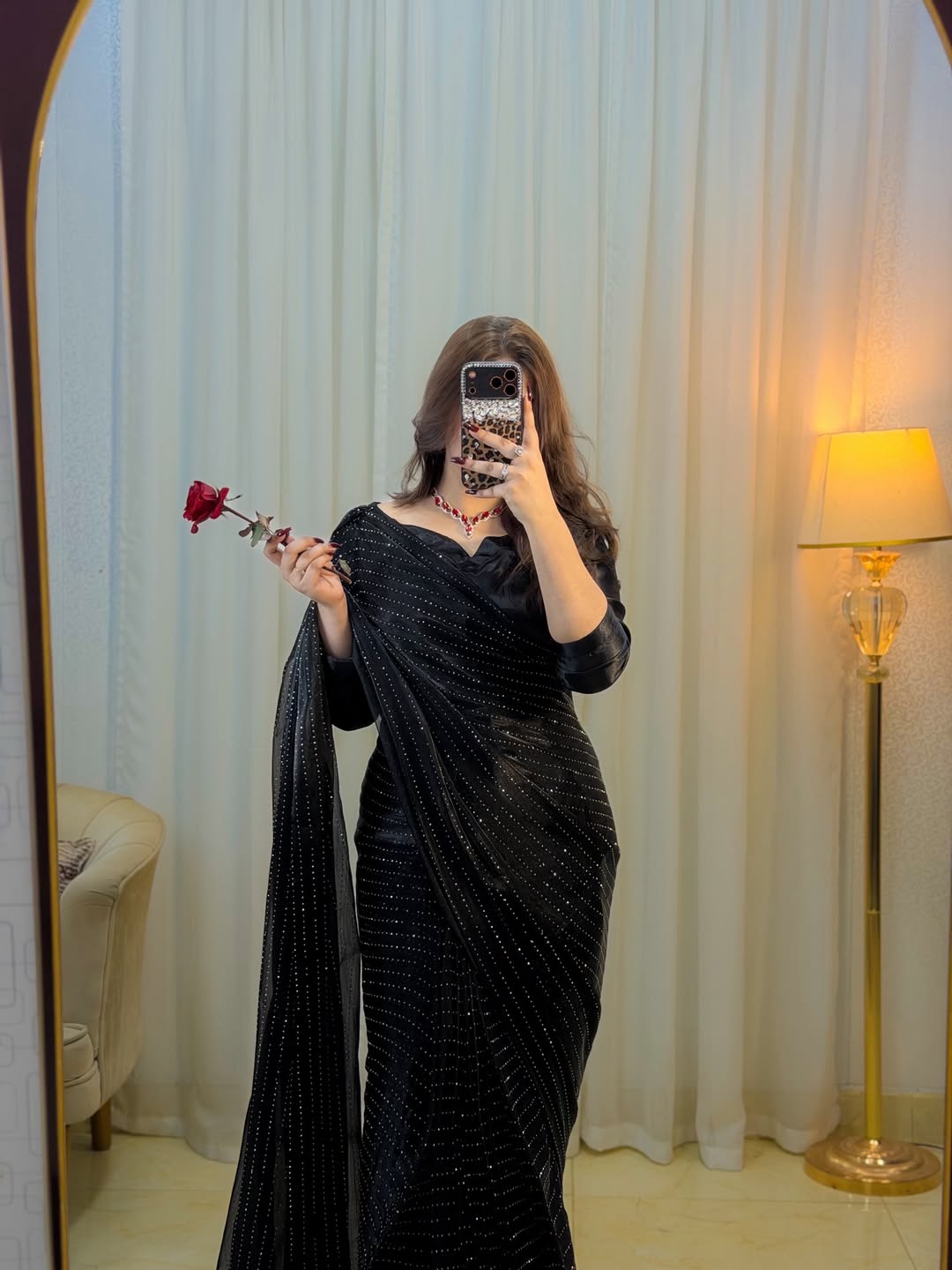 Midnight Black Sequin RhineStone Silk Saree