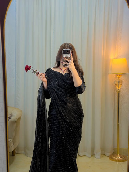 Midnight Black Sequin RhineStone Silk Saree