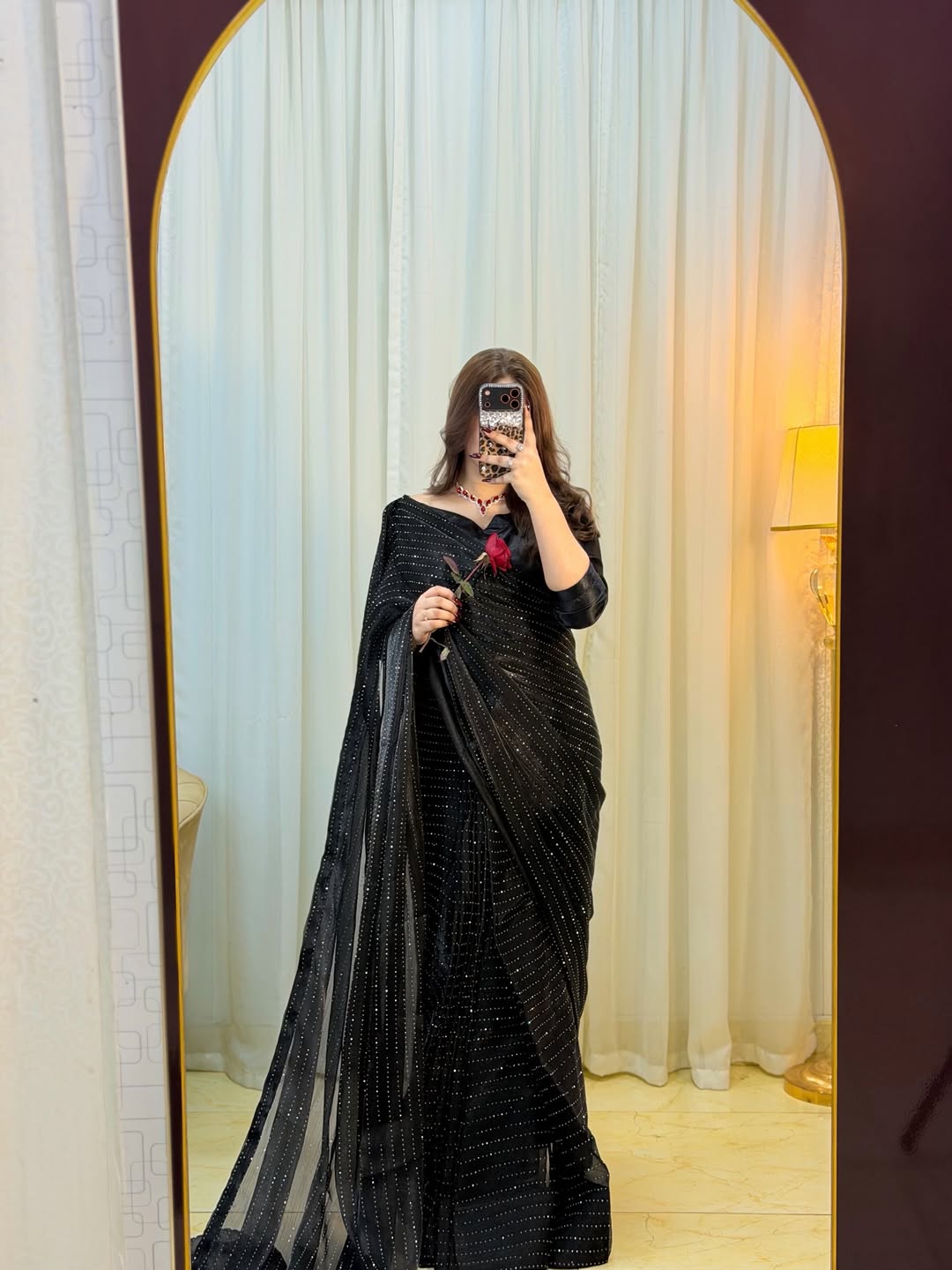 Midnight Black Sequin RhineStone Silk Saree