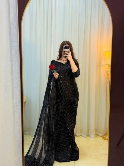 Midnight Black Sequin RhineStone Silk Saree