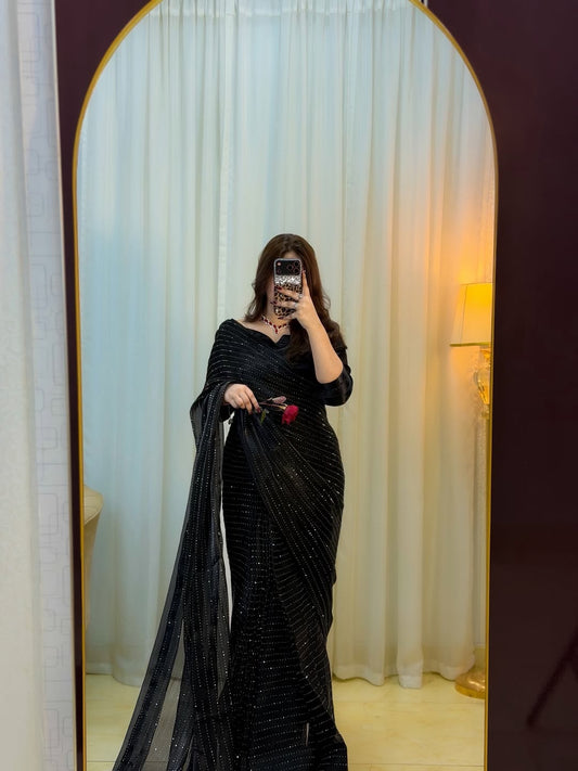 Midnight Black Sequin RhineStone Silk Saree