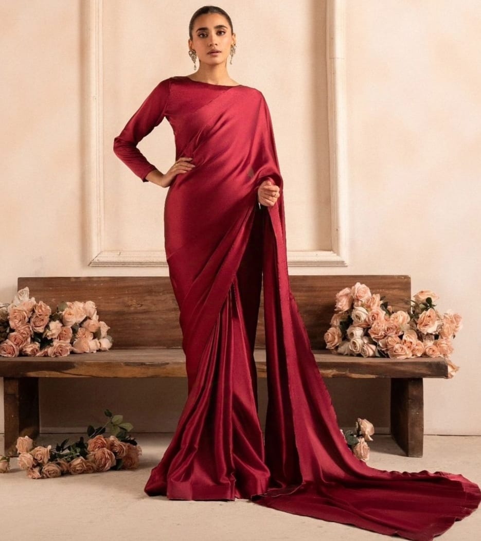 Nayab Stitched Plain Silk Saree