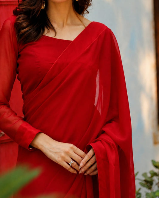 Mahjabeen Red Chiffon Saree