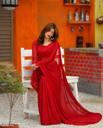 Mahjabeen Red Chiffon Saree